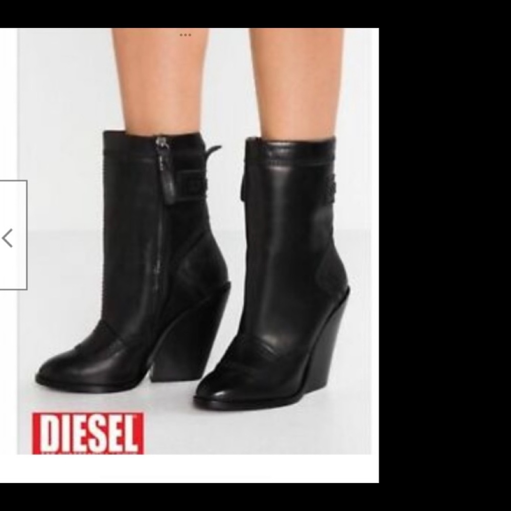 Diesel Flamingo Black leather wedge Boots 6 New